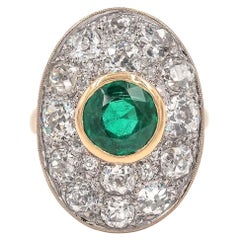French Art Deco Emerald & Old Cut Diamond Oval Cluster Ring