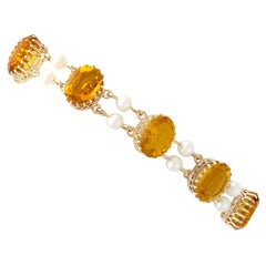 Vintage 1967 30.12 Carat Citrine and Pearl Yellow Gold Bracelet