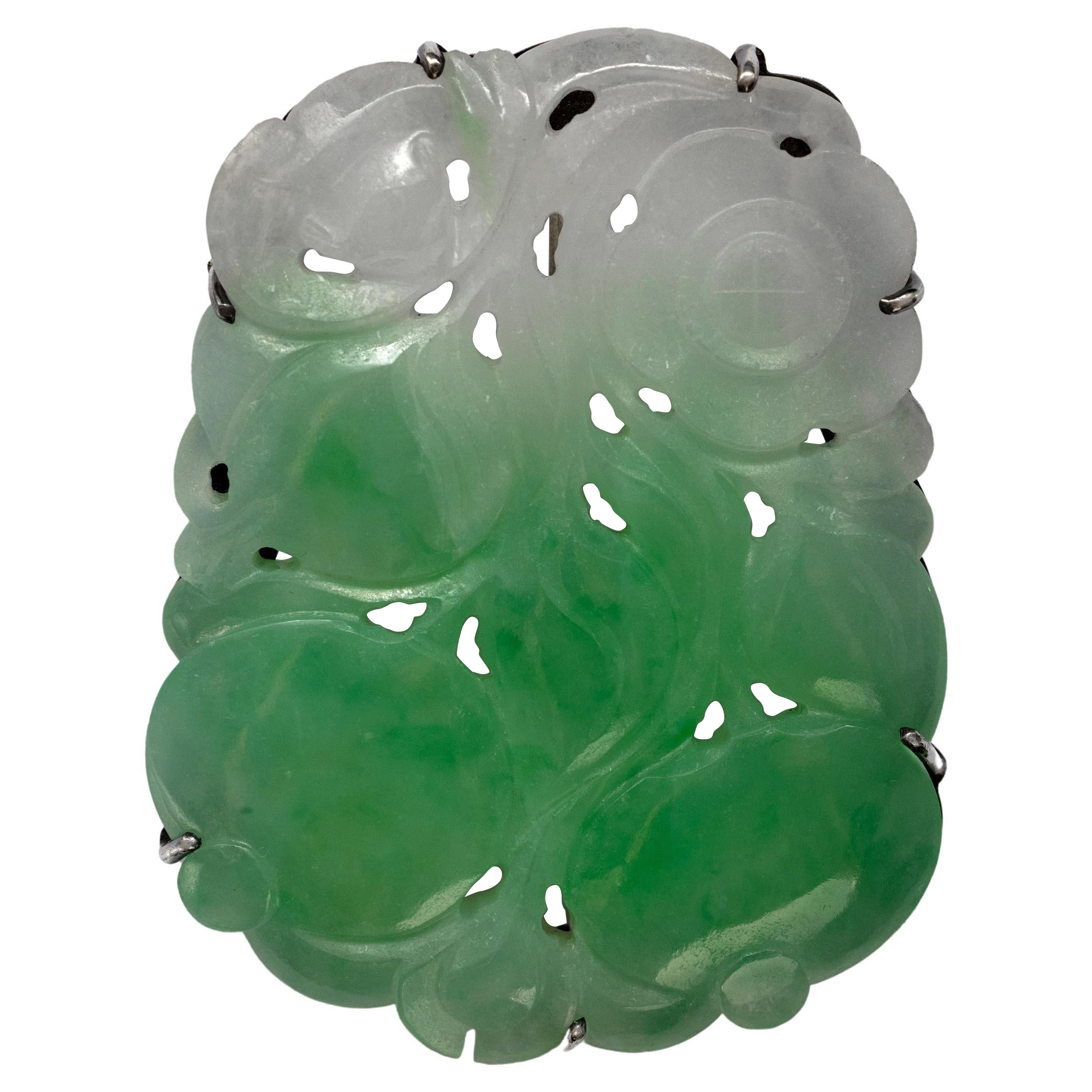 Jade Brooch Moss on Snow Art Deco, Silver, Untreated, Certified For Sale