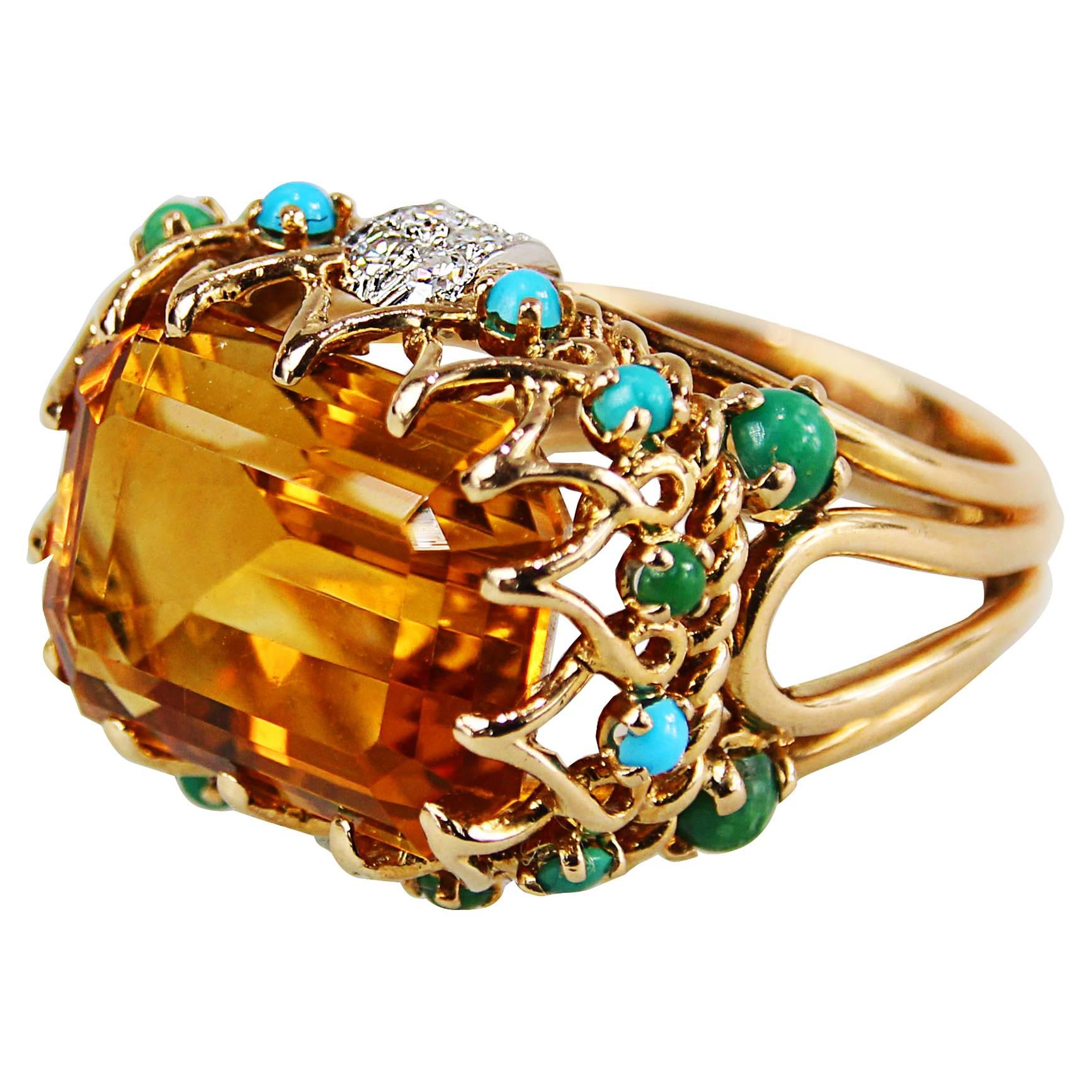 1990s Faux Turquoise Citrine Diamond Gold Ring In Excellent Condition In Bay Harbor Islands, FL