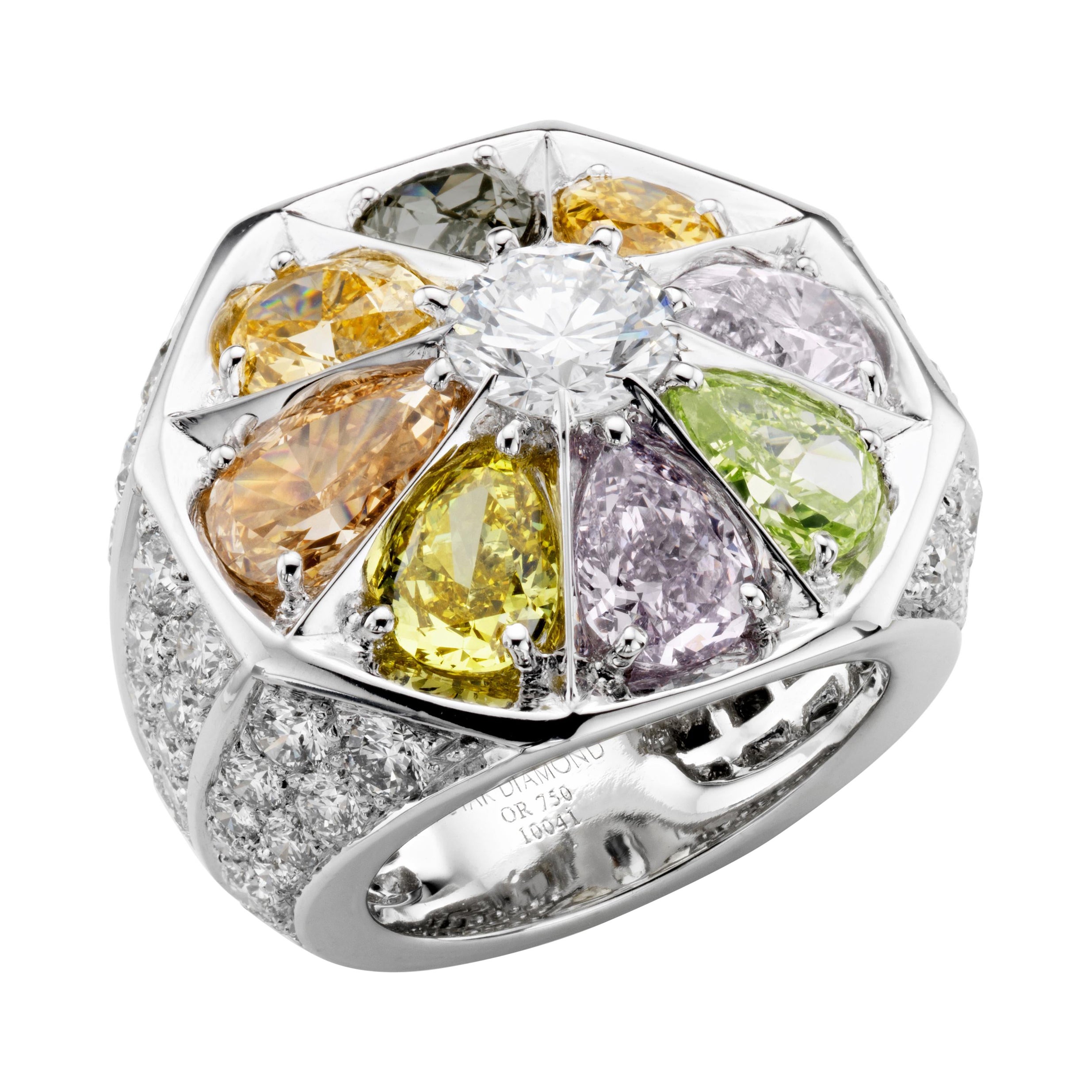 Fancy Coloured & White Diamond Ring Set in 18K White Gold For Sale