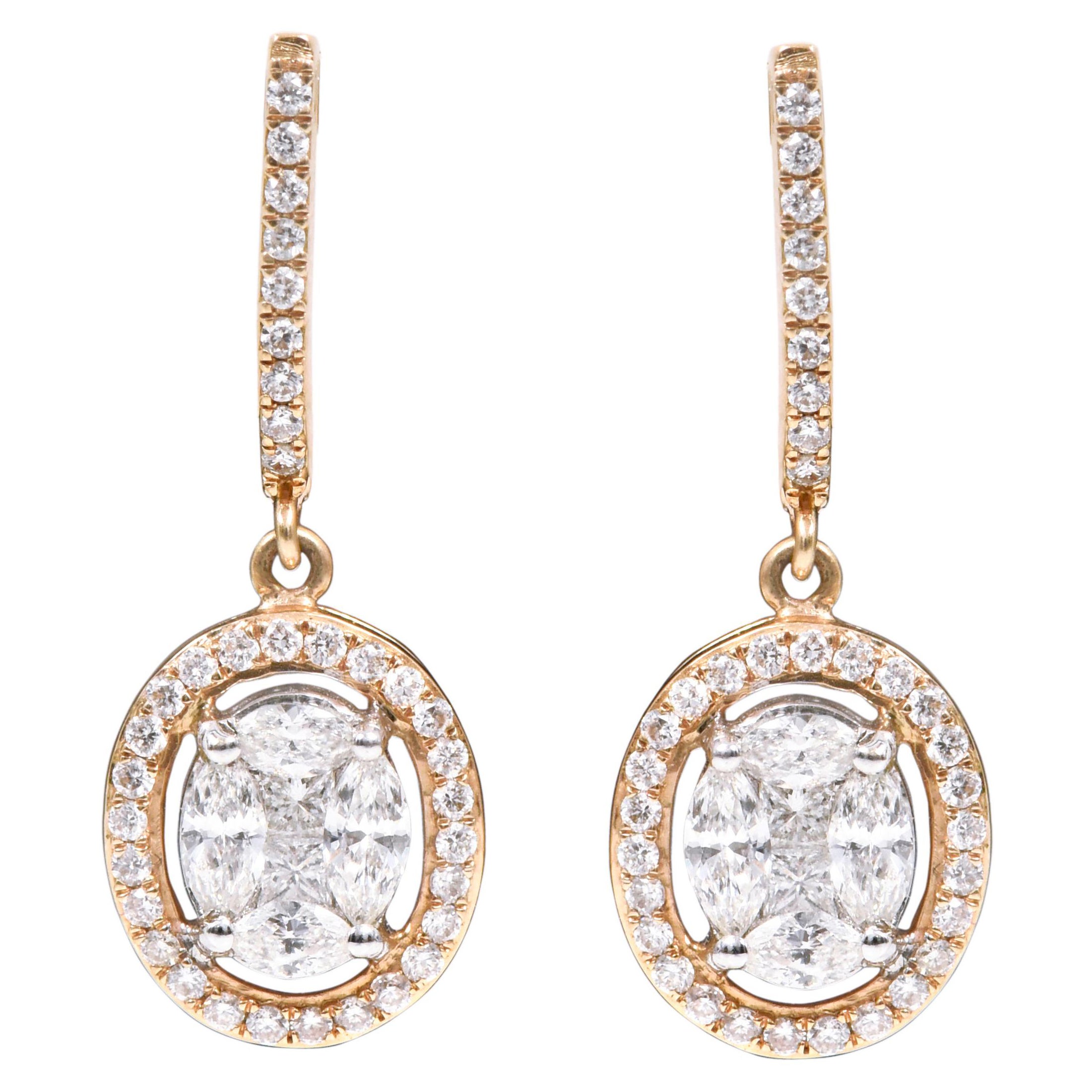 Pendants d'oreilles en or 18 carats avec diamants ovales de 1,34 carat