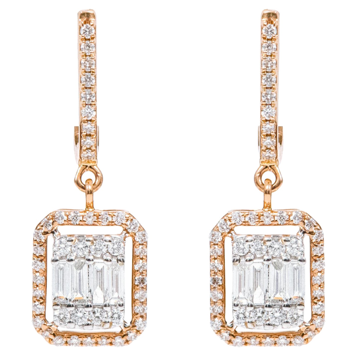 18 Karat Gold 0.89 Carat Diamond Dangle Drop Earrings For Sale