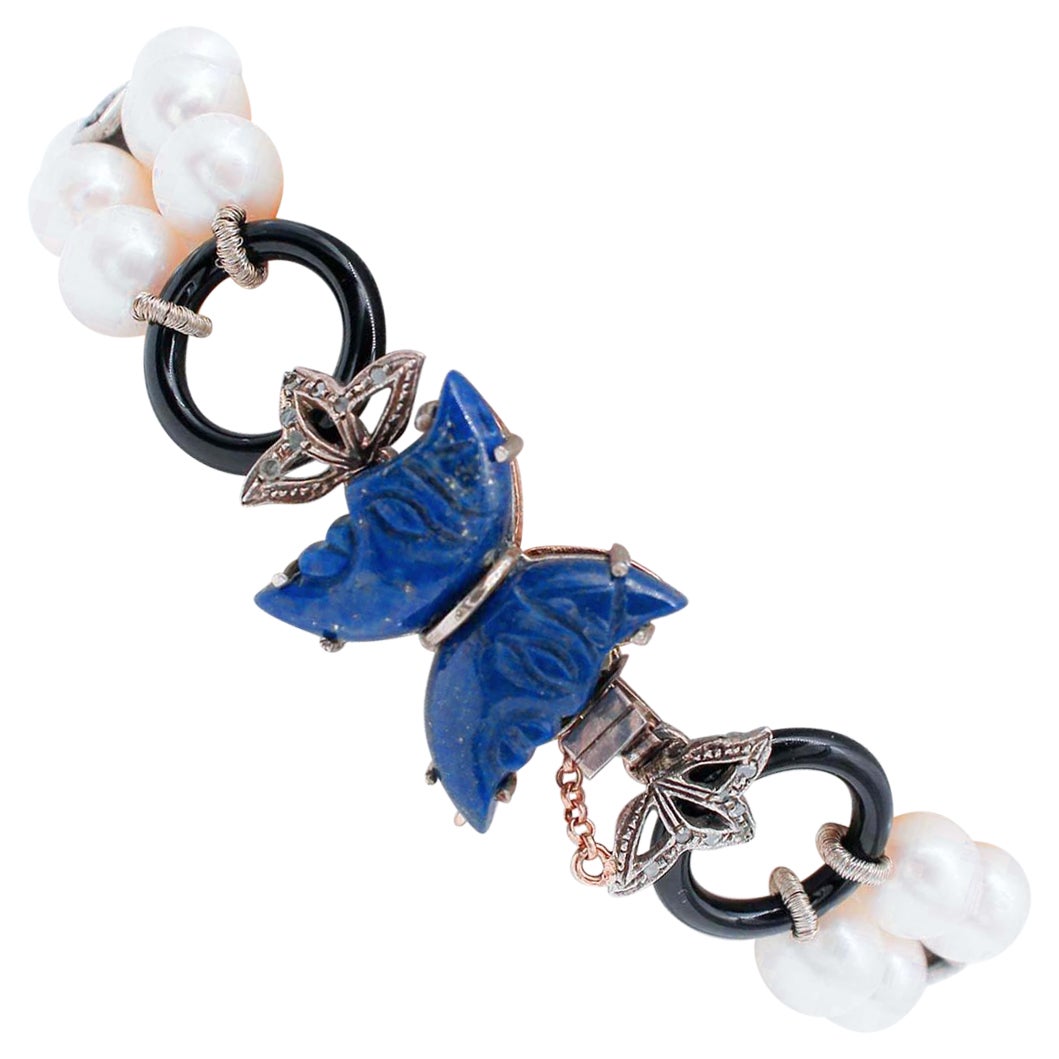 Rubies, Diamonds, Lapis, Pearls, Onyx, 9 Kt Rose Gold and Silver Beaded Bracelet For Sale