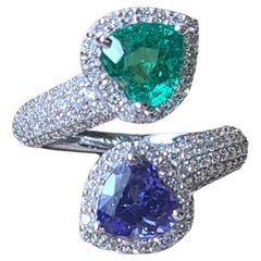 Natural Heart Shaped Zambian Emerald, Tanzanite & Diamonds Cocktail Ring