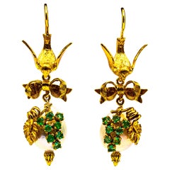 Art Nouveau Style White Diamond Emerald Pearl Yellow Gold Drop "Bird" Earrings