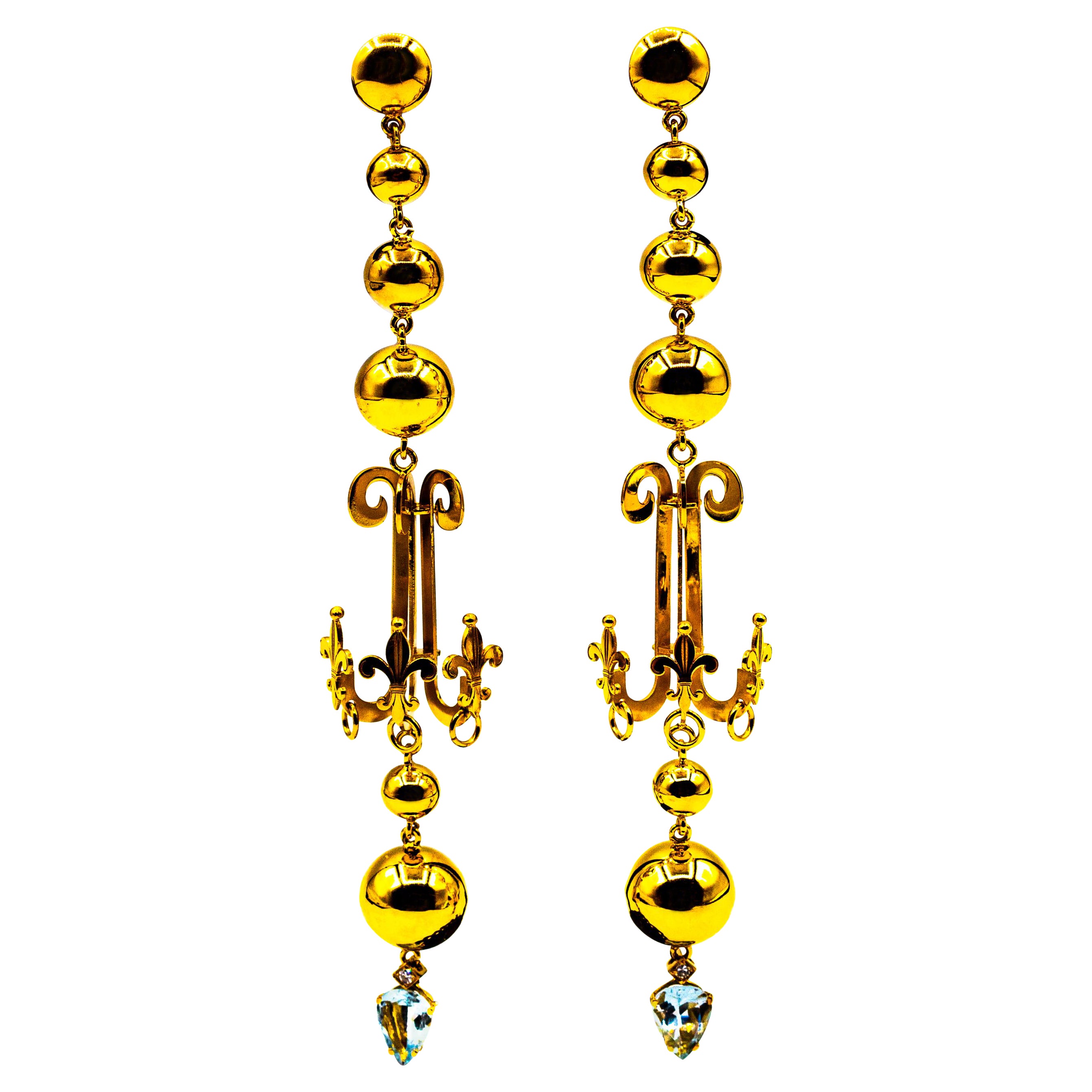 Art Deco Style 2.90 Carat White Diamond Aquamarine Yellow Gold Stud Earrings For Sale