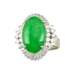 Certified Natural Green Jadeite Oval Cabochon & Diamond Estate Ring 