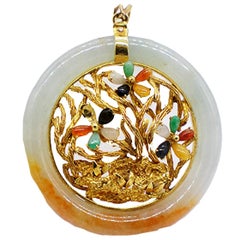Multi Colored Jade Pendant Tree of Life Gold 14 Karat