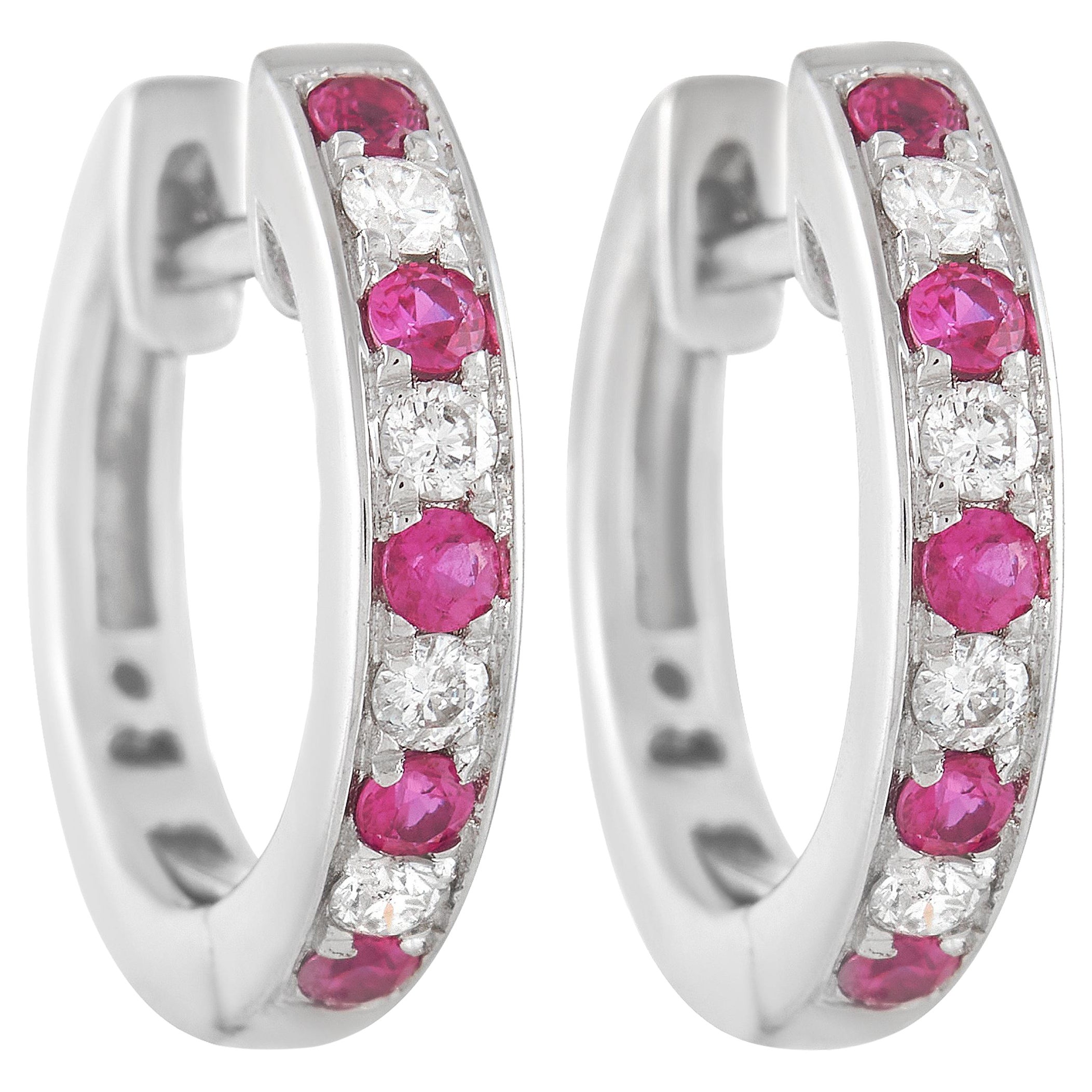 LB Exclusive 14K White Gold 0.15 Ct Diamond and 0.25 Ct Ruby Hoop Earrings For Sale