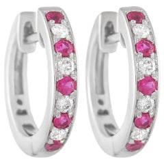 LB Exclusive 14K White Gold 0.15 Ct Diamond and 0.25 Ct Ruby Hoop Earrings