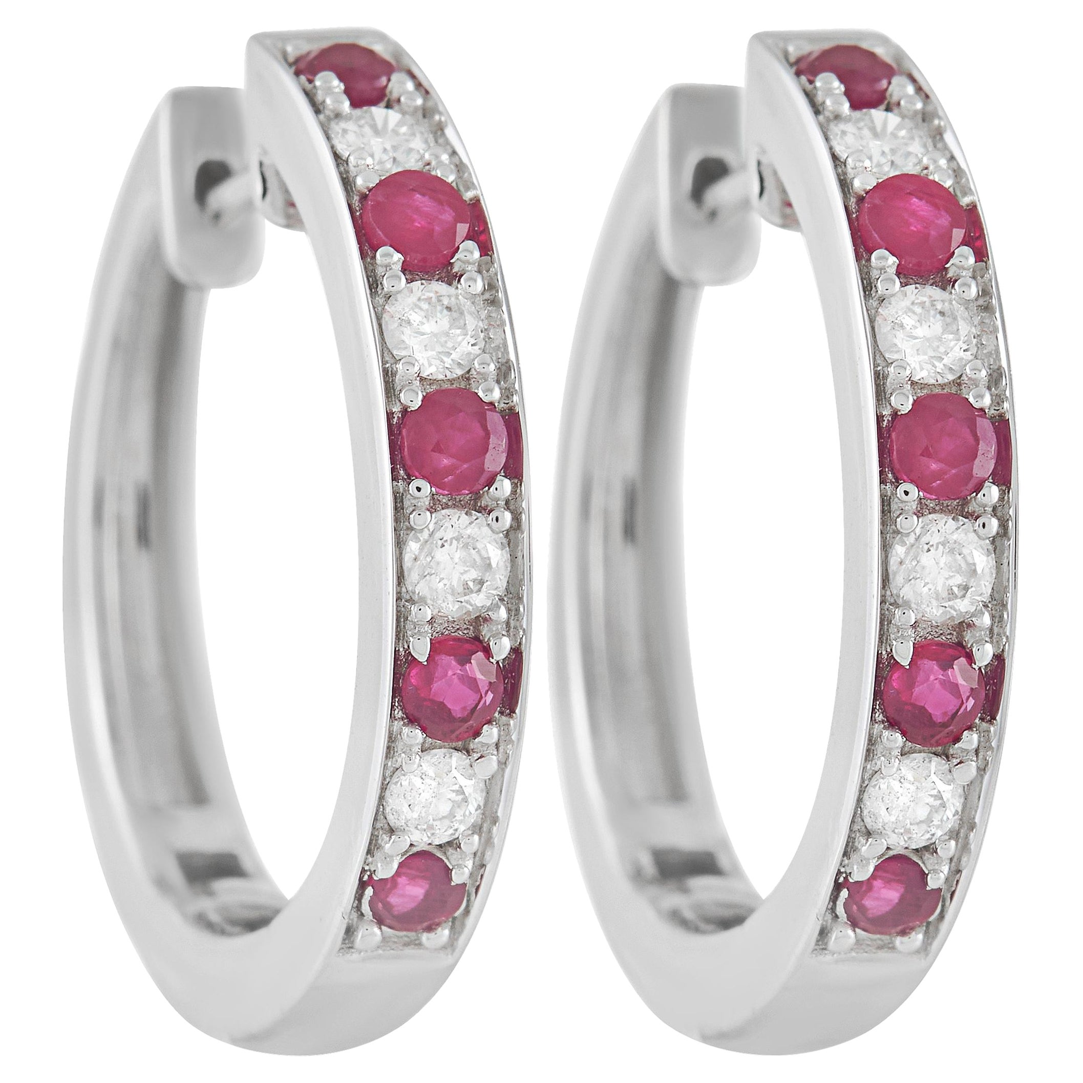 LB Exclusive 14K White Gold 0.25 Ct Diamond and 0.42 Ct Ruby Hoop Earrings For Sale