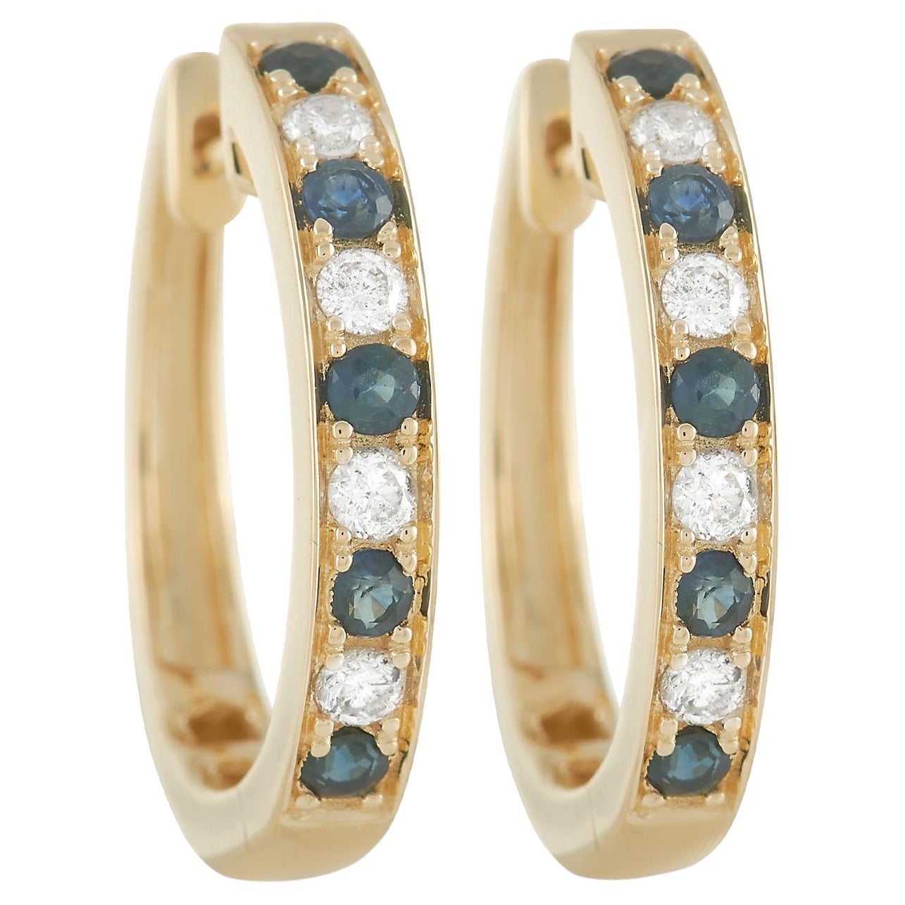LB Exclusive 14K Yellow Gold 0.25ct Diamond and Sapphire Hoop Earrings For Sale