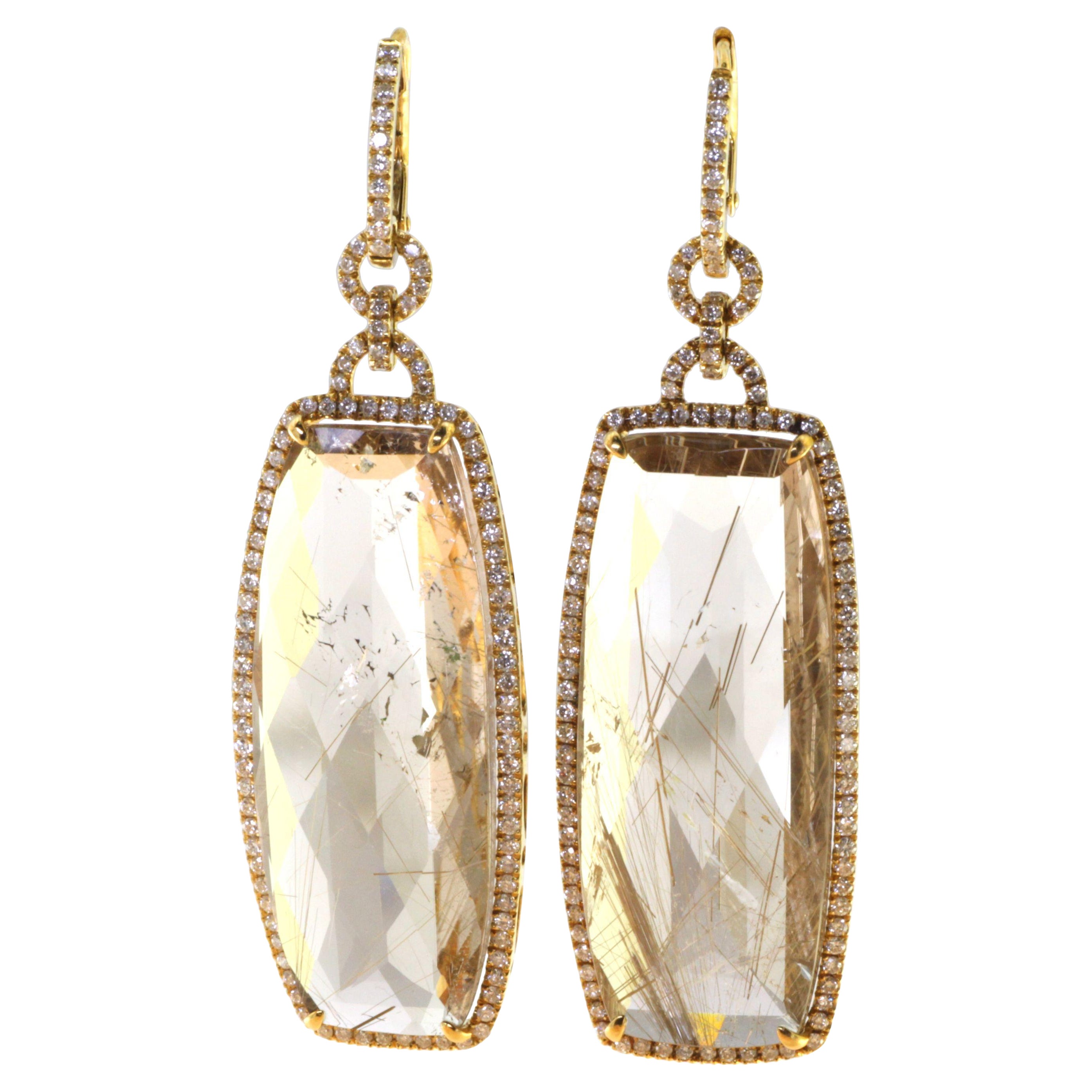 Vintage Diamond Drop Earrings and Rutilated Quartz in 18 Karat Yellow Gold For Sale