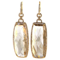Vintage Diamond Drop Earrings and Rutilated Quartz in 18 Karat Yellow Gold