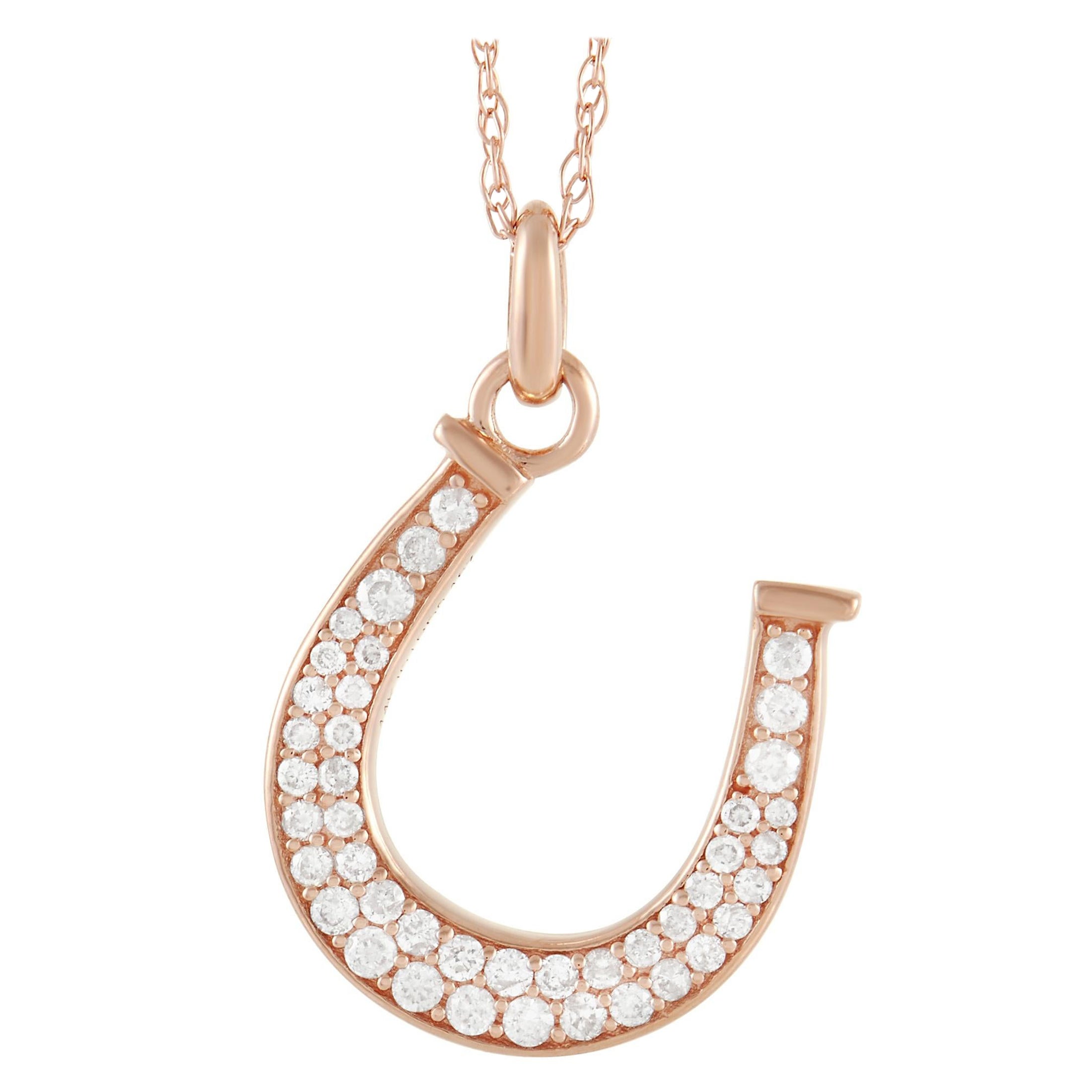LB Exclusive 14K Rose Gold 0.18 Ct Diamond Horseshoe Pendant Necklace For Sale