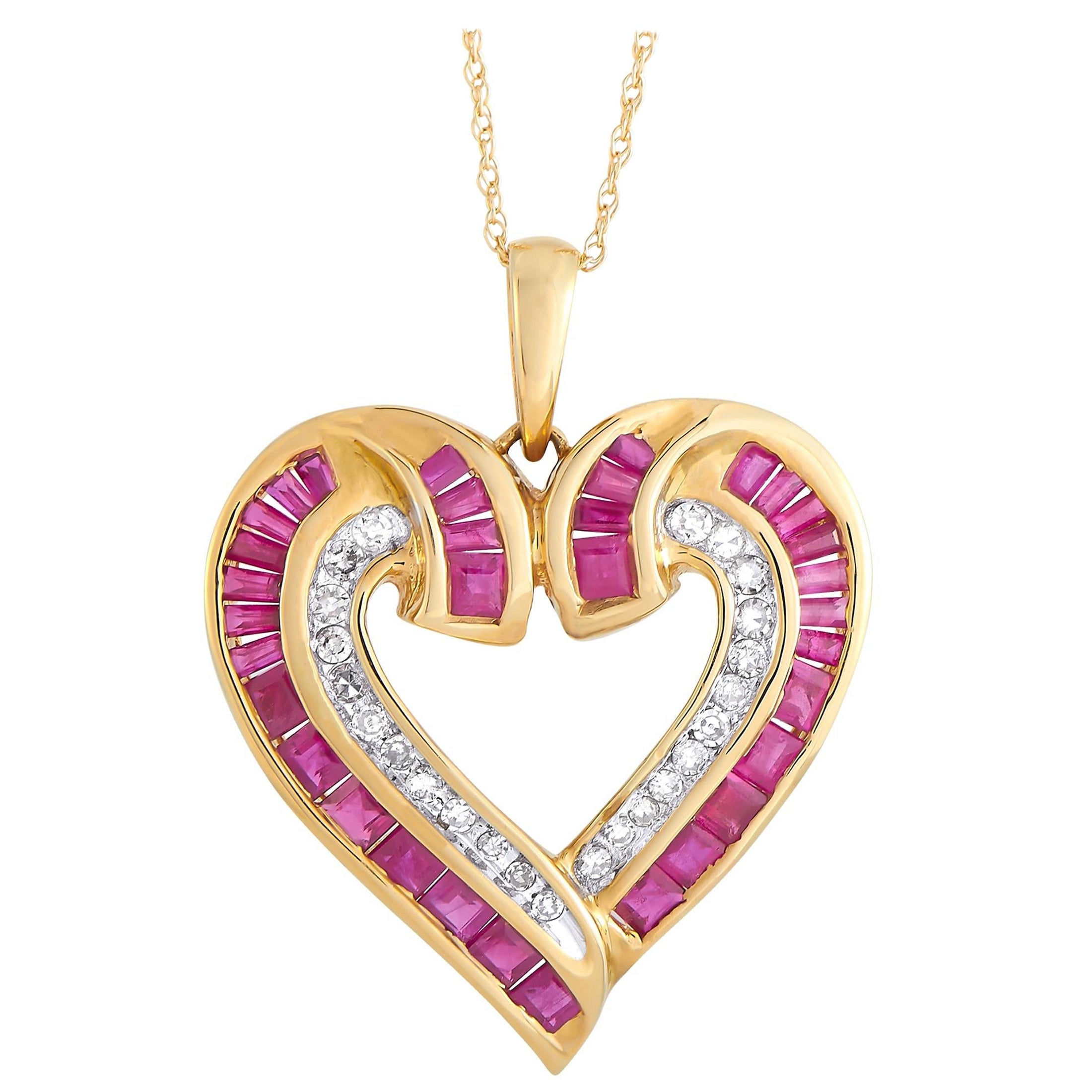 LB Exclusive14K Yellow Gold 0.16 Ct Diamond Ruby Heart Pendant Necklace