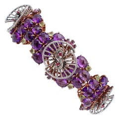 Hydrothermal Amethysts, Rubies, Peridots, Diamonds, 9Kt Rose Gold andSilver Bracelet