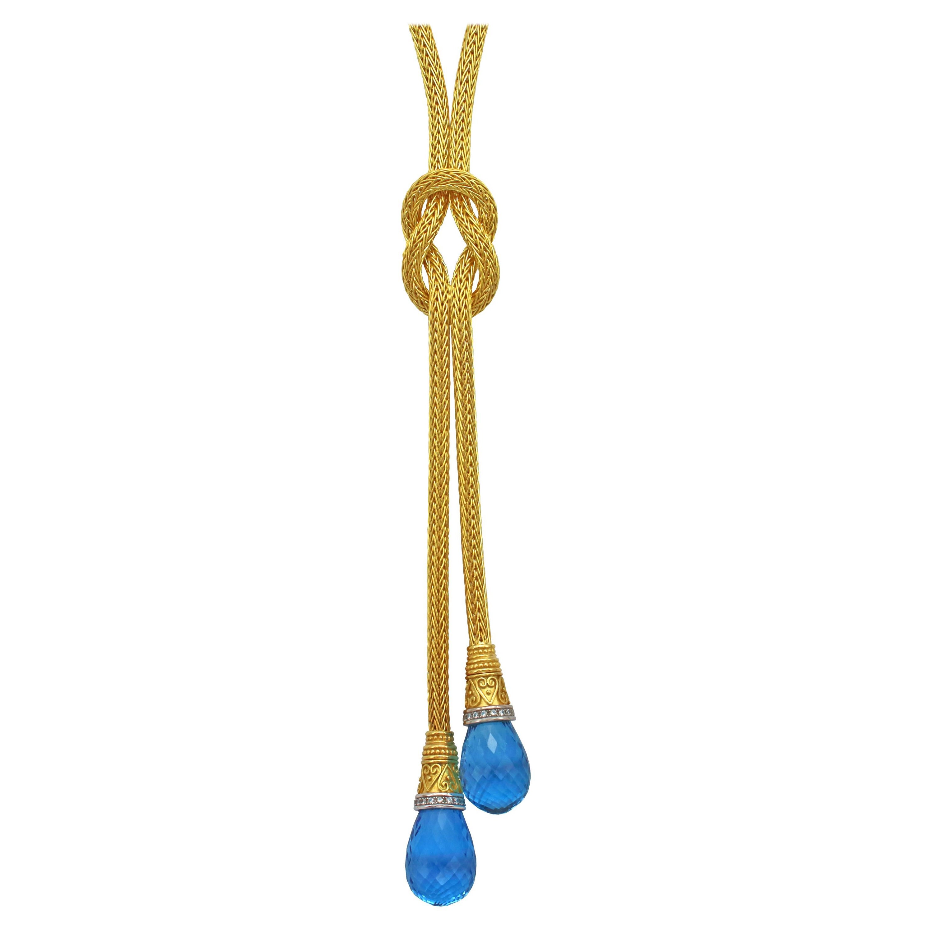 Dimos 18k Gold Briolette Swiss Blue Topaz Knitted Necklace For Sale