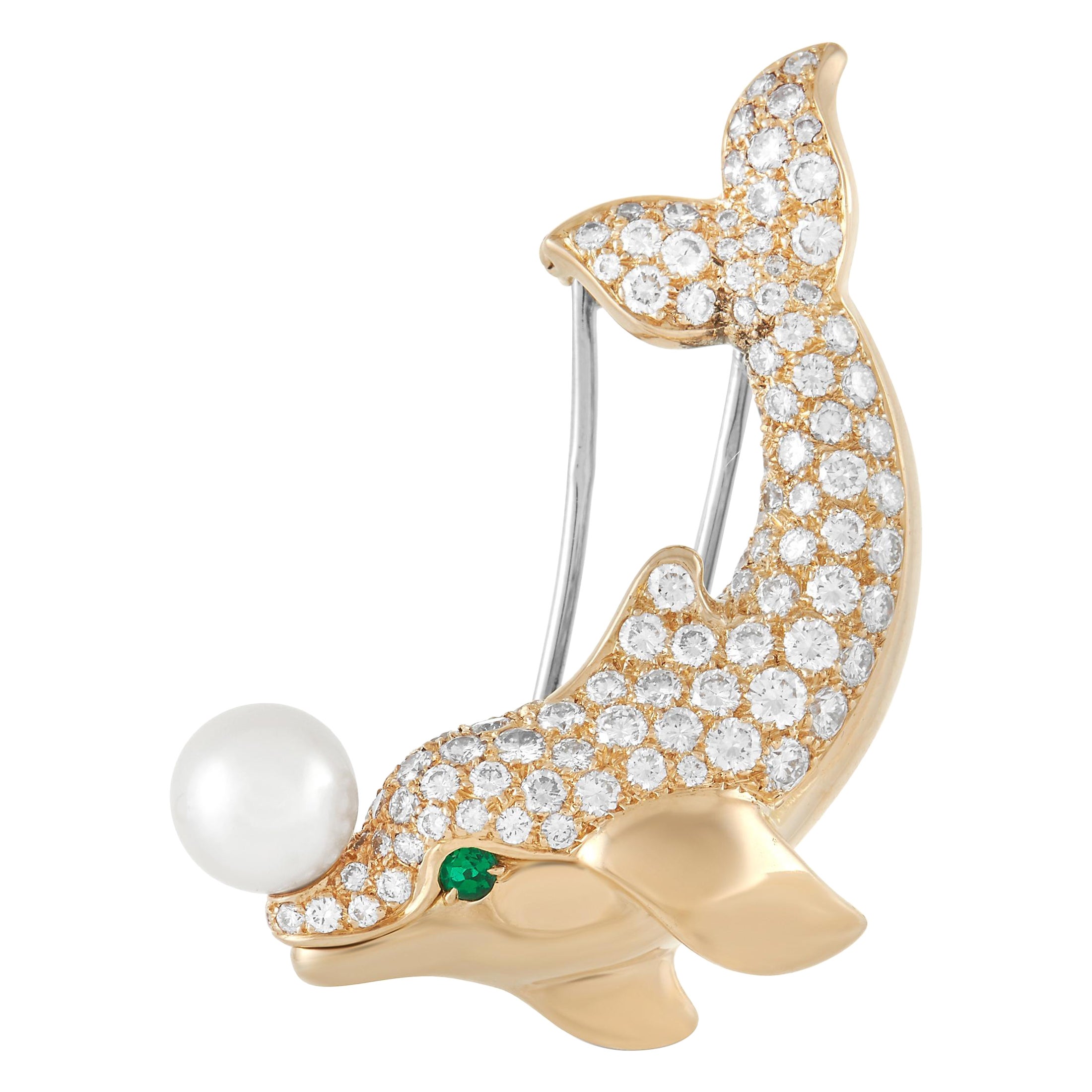 Cartier 18K Yellow Gold 2.10 ct Diamond, Pearl, and Emerald Dolphin Brooch