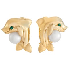 Cartier 18K Yellow Gold Emerald and Pearl Dolphin Earrings
