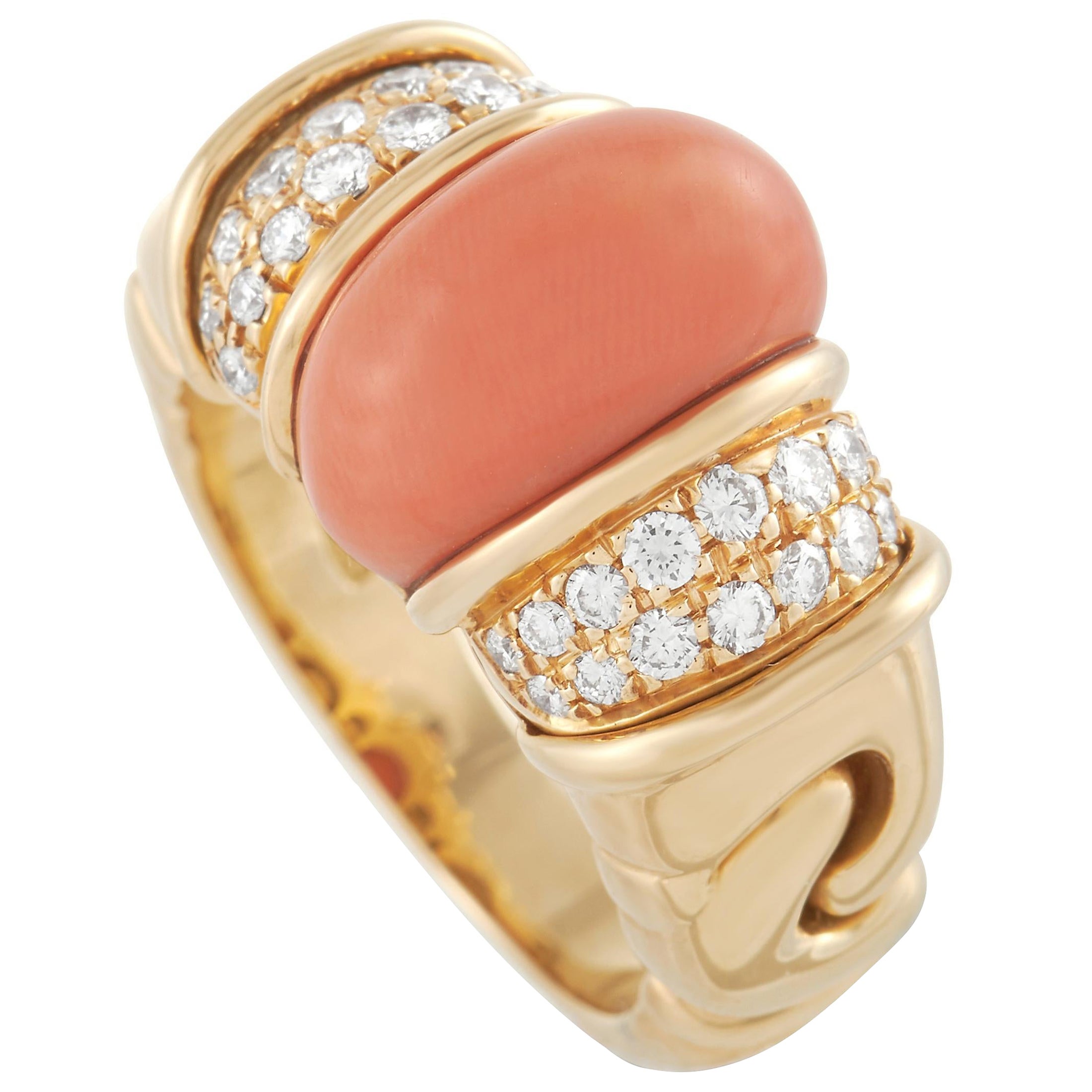 Bvlgari 18K Yellow Gold 0.40 Ct Diamond and Coral Ring