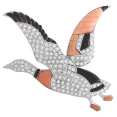 LB Exclusive 18K White Gold 1.65 Ct Diamond, Onyx, and Coral Duck Brooch