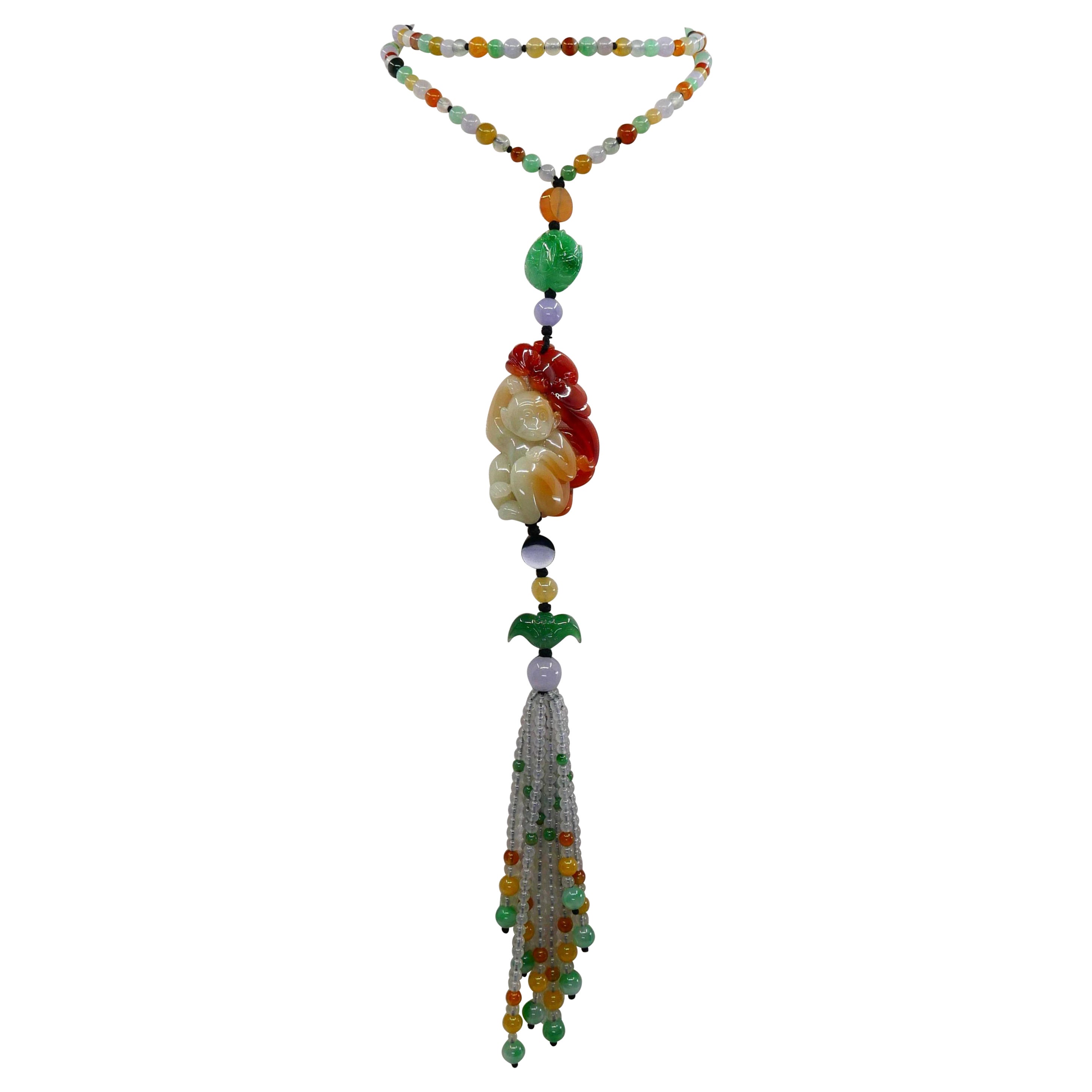 Zertifizierte natürliche mehrfarbige Jadeit Jade Perlen-Affen-Anhänger-Halskette, glänzend
