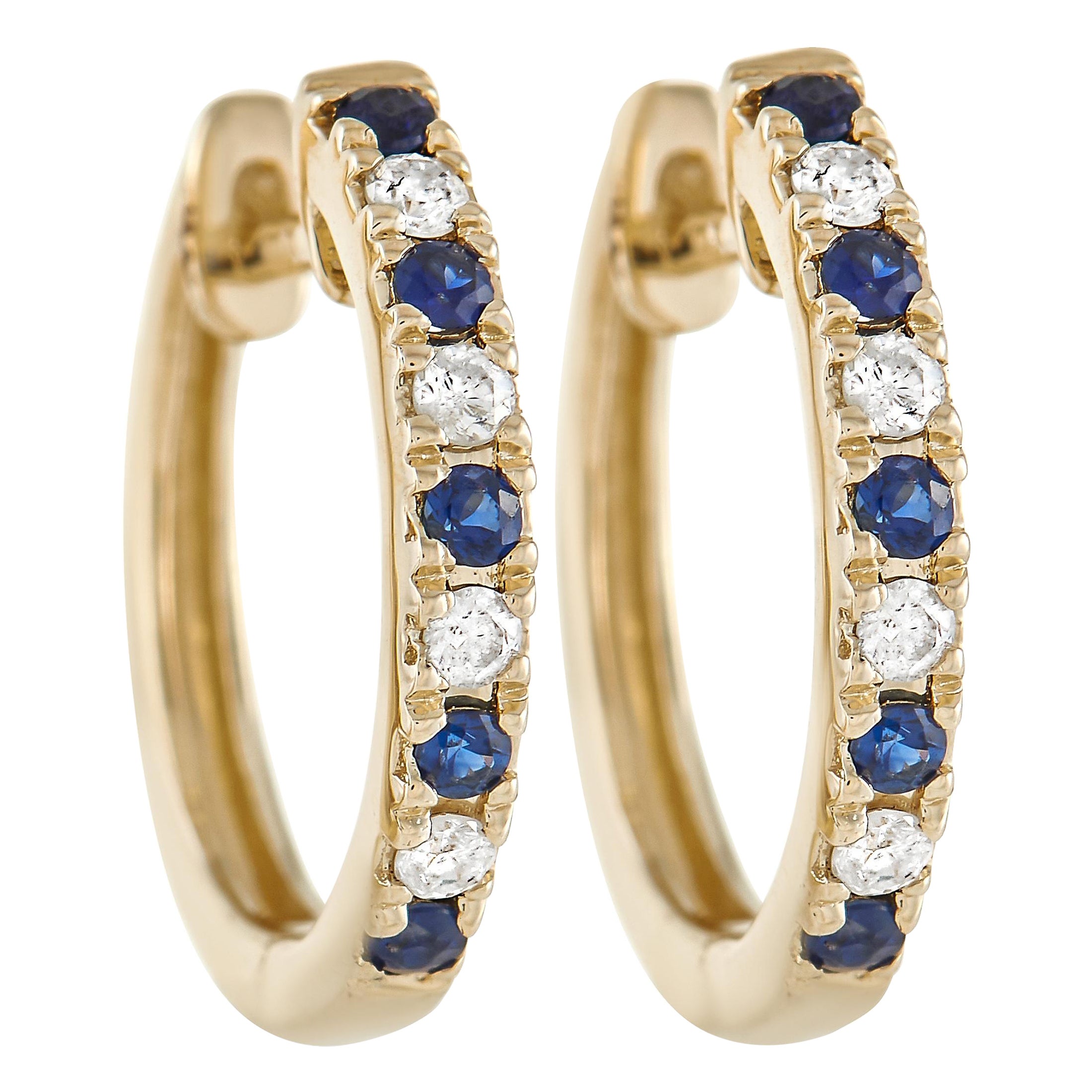 LB Exclusive 14K Yellow Gold 0.11 Ct Diamond and Sapphire Hoop Earrings