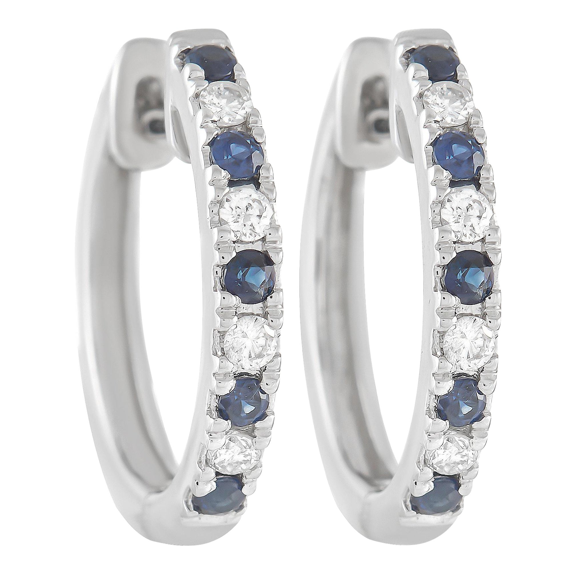 LB Exclusive 14K White Gold 0.11 Ct Diamond and Sapphire Hoop Earrings For Sale