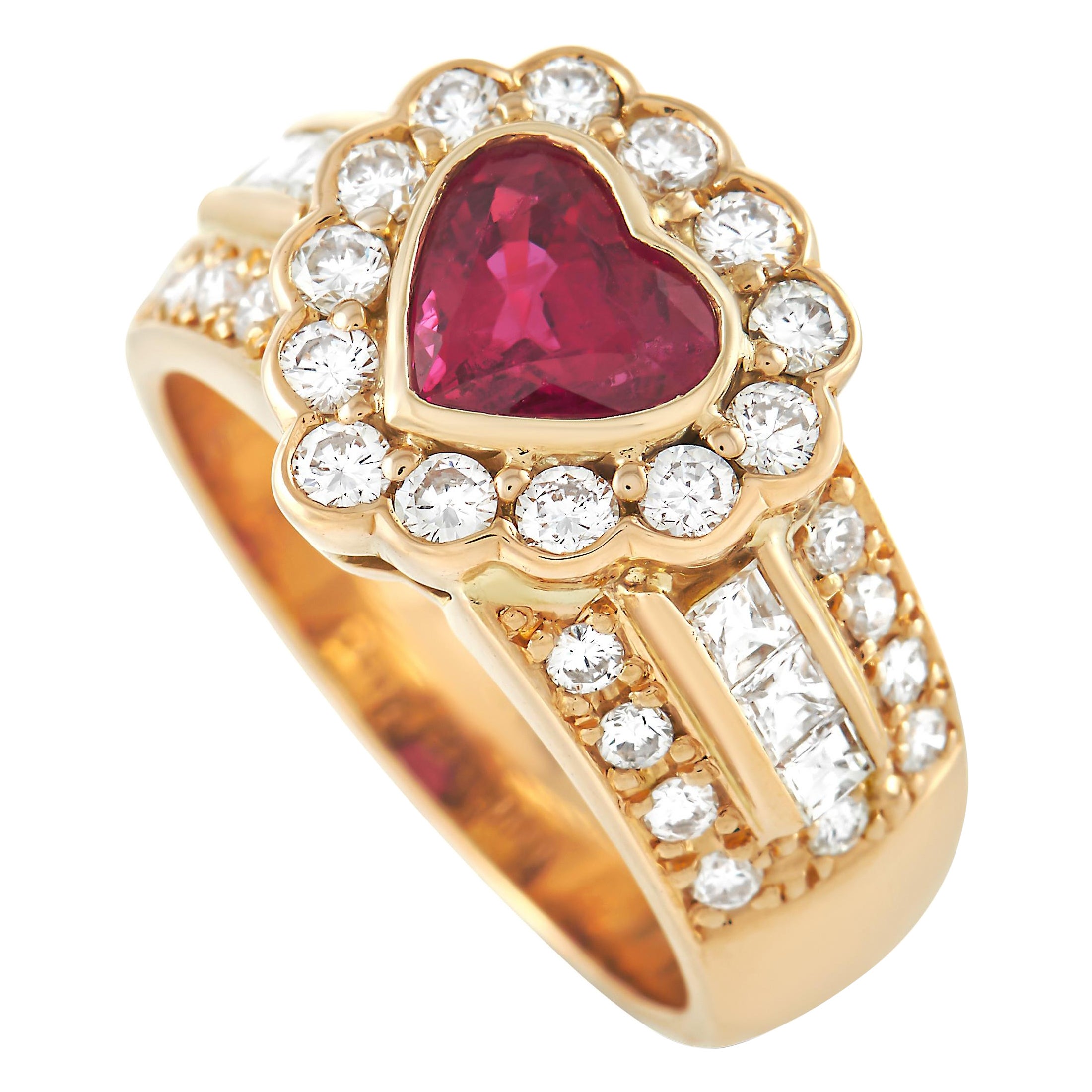 LB Exclusive 18K Yellow Gold 0.92 Ct Diamond and 1.17 Ct Ruby Heart Ring
