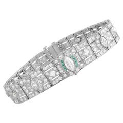 LB Exclusive Art Deco Platinum 9.00 Ct Diamond and Emerald Bracelet