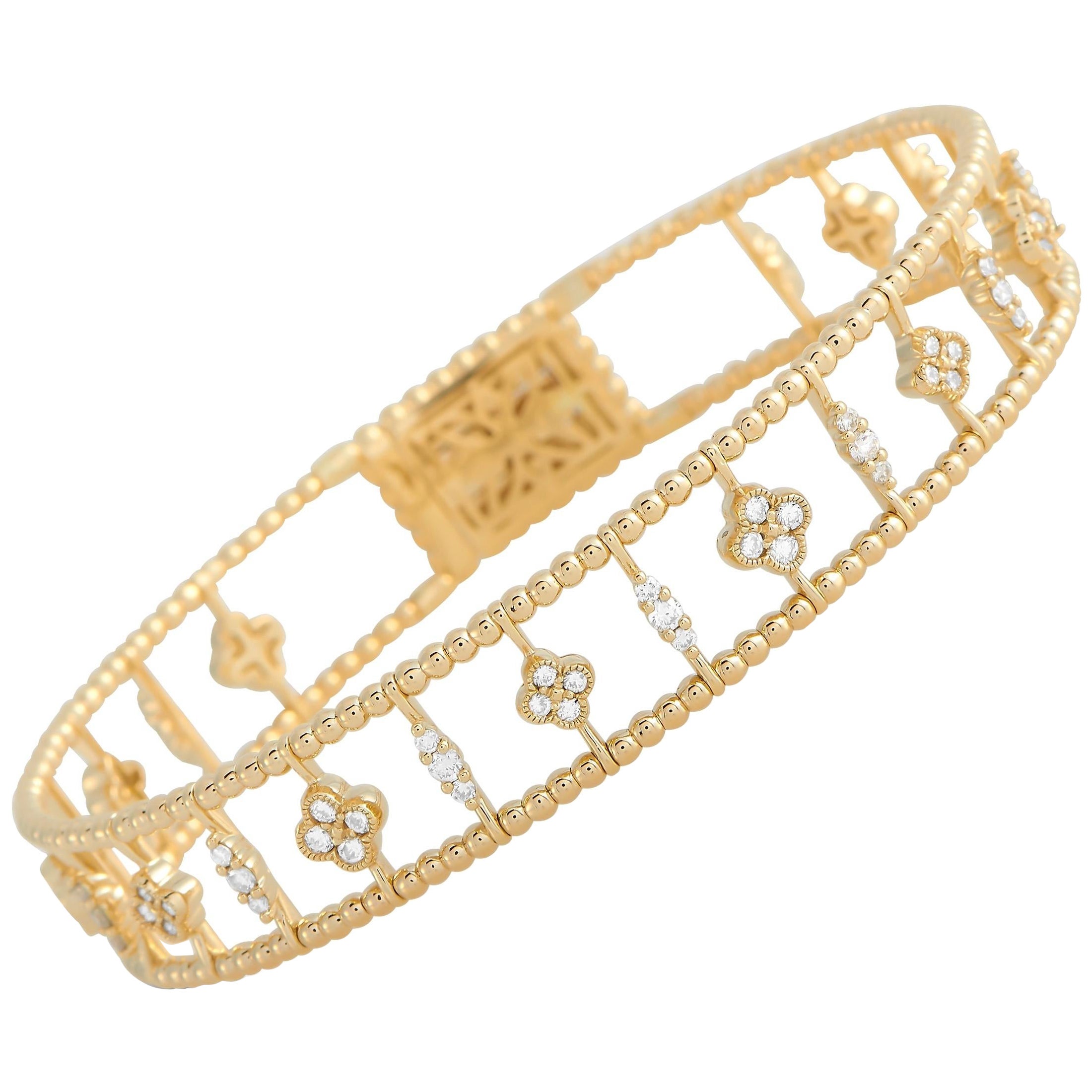 LB Exclusive 14K Yellow Gold 1.22 Ct Diamond Dainty Flower Bangle Bracelet