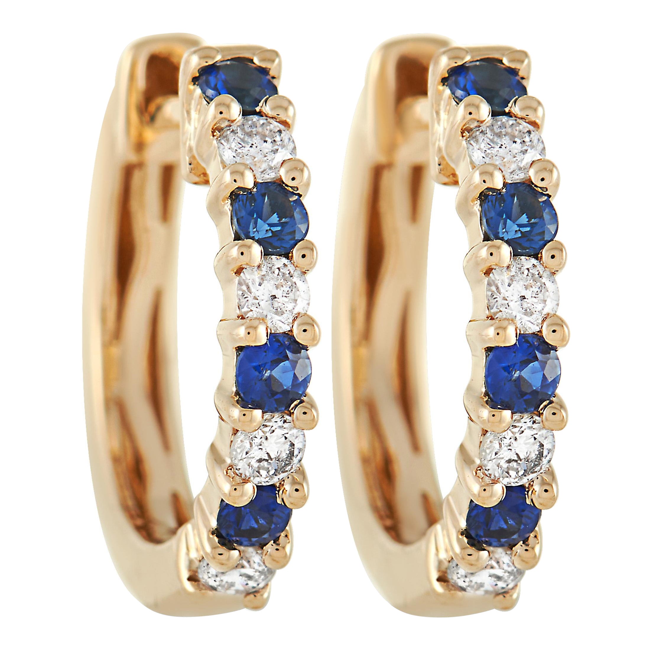 LB Exclusive 14K Yellow Gold 0.17 Ct Diamond and Sapphire Hoop Earrings