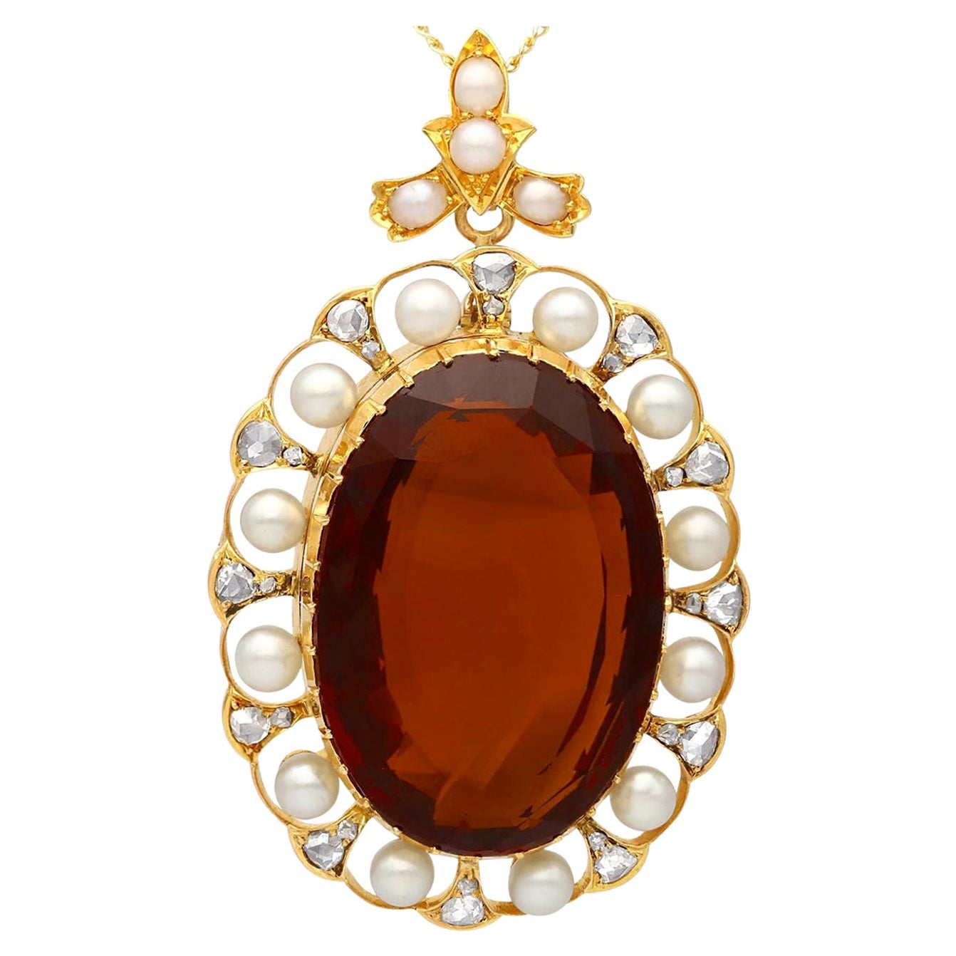 Antique 49.55 Carat Citrine 1.06 Carat Diamond Pearl and Yellow Gold Pendant For Sale