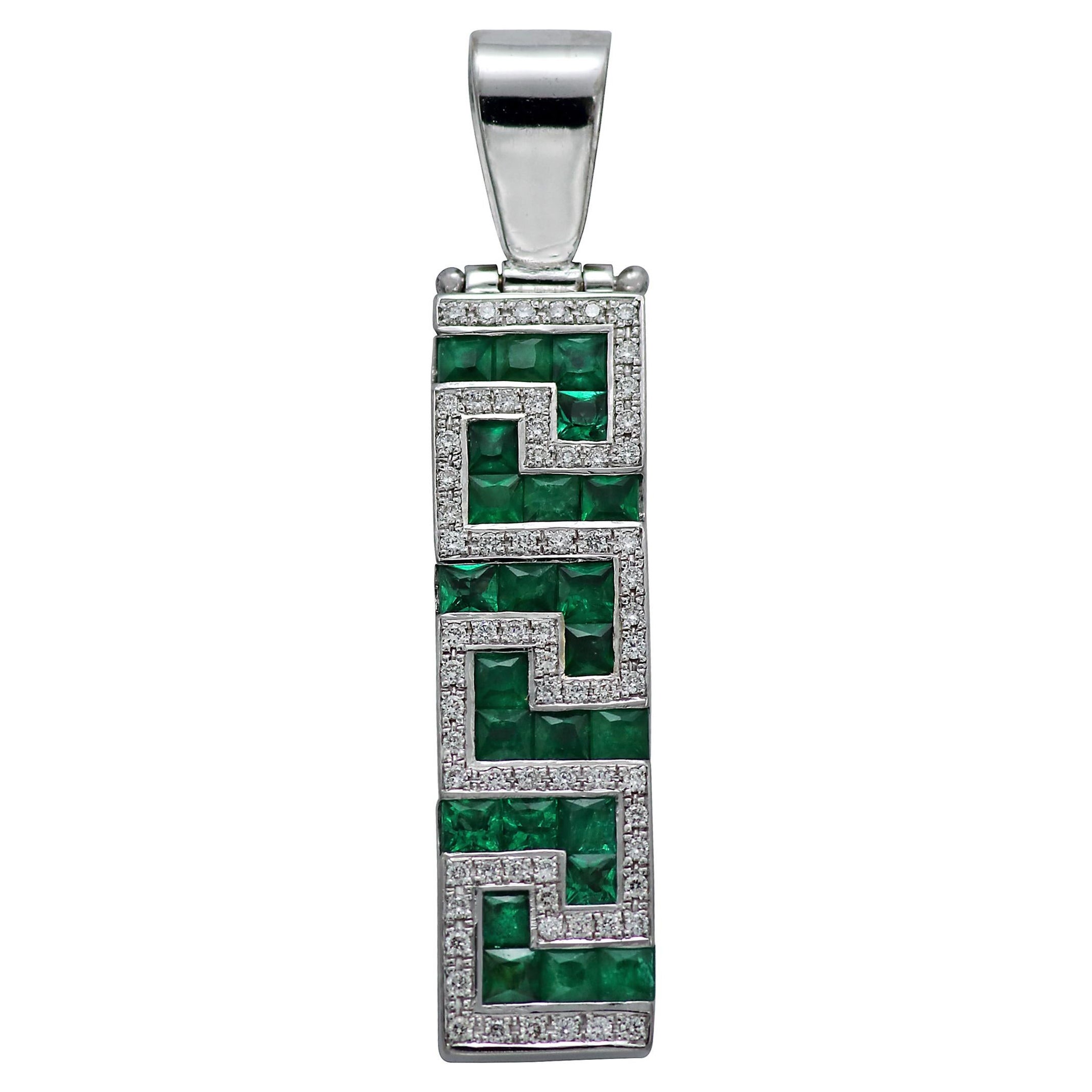 Dimos 18k White Gold Greek Key Pendant with Emeralds For Sale