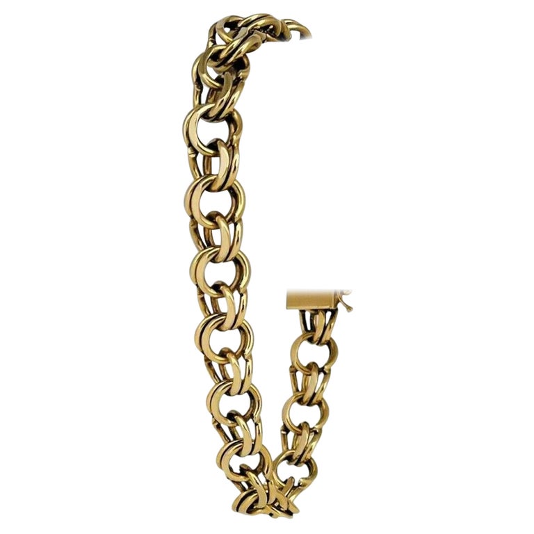14 Karat Yellow Gold Solid Double Circle Link Charm Bracelet For Sale