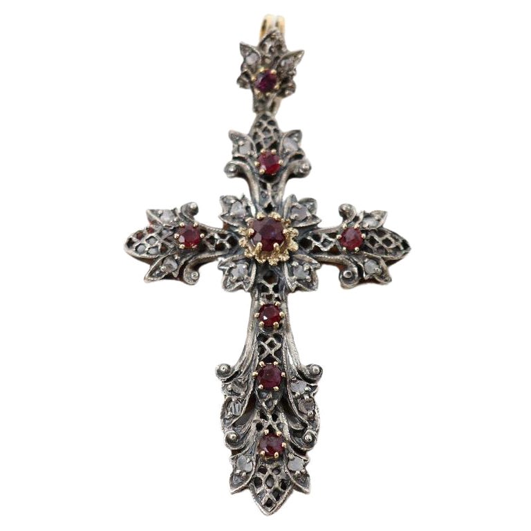 Early 20th Century Cross Pendant in Gold, Silver and Rubies For Sale