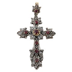 Antique Early 20th Century Cross Pendant in Gold, Silver and Rubies