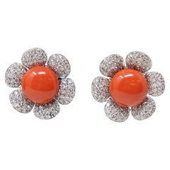 18kt White Gold, Japanese Coral and 2 Ct Diamonds Fine Clip-on Earrings