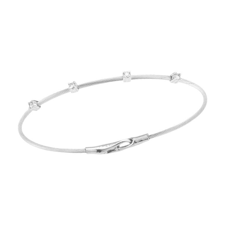 14K White Gold Wire Bracelet with Prong-Set Diamonds For Sale