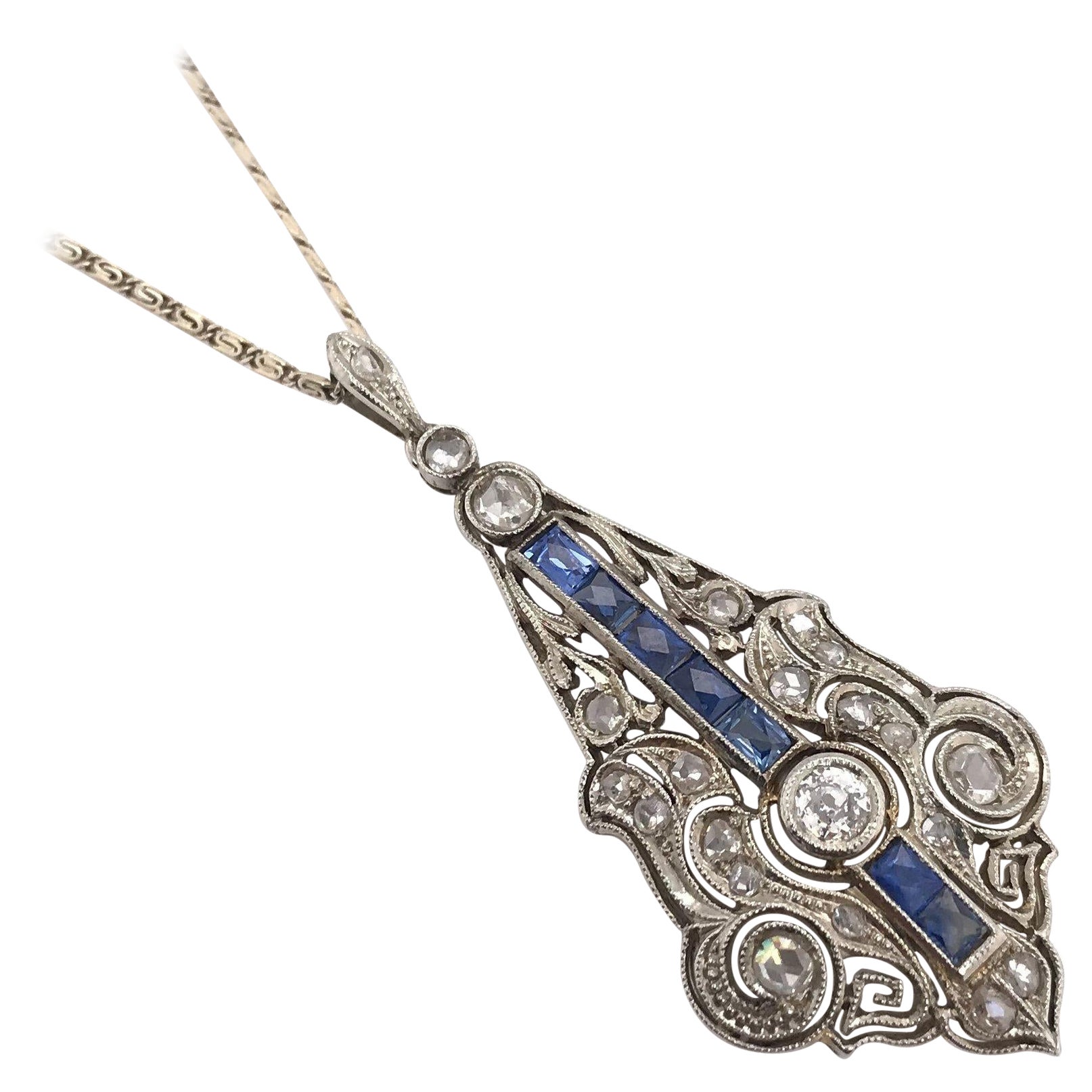 Art Deco Diamond & Sapphire Lavalier Necklace