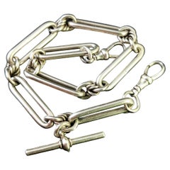 Antique Victorian Sterling Silver Albert Chain, Trombone Link L, Watch Chain