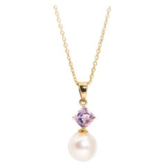 9 Carat Yellow Gold Amethyst and Freshwater Pearl Drop Pendant with Gold Chain