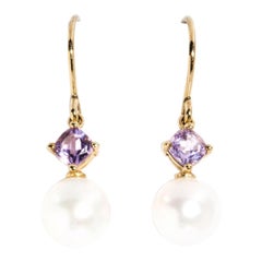 Cassy 9 Carat Yellow Gold Pearl and Cushion Cut Purple Amethyst Drop Earrings