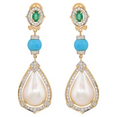 6.76 Carat Turquoise Emerald Pearl Diamond 18 Karats Yellow Gold Earrings