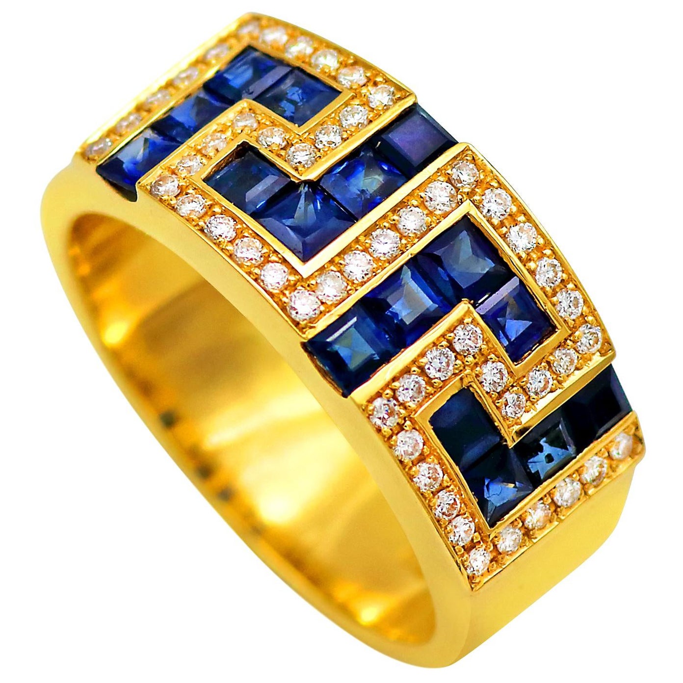 Dimos 18k Gold Greek Key Band Ring with Sapphires For Sale