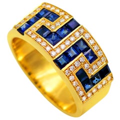 Antique Dimos 18k Gold Greek Key Band Ring with Sapphires