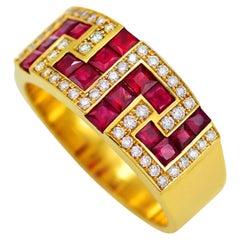 Antique Dimos 18k Gold Greek Key Band Ring with Rubies