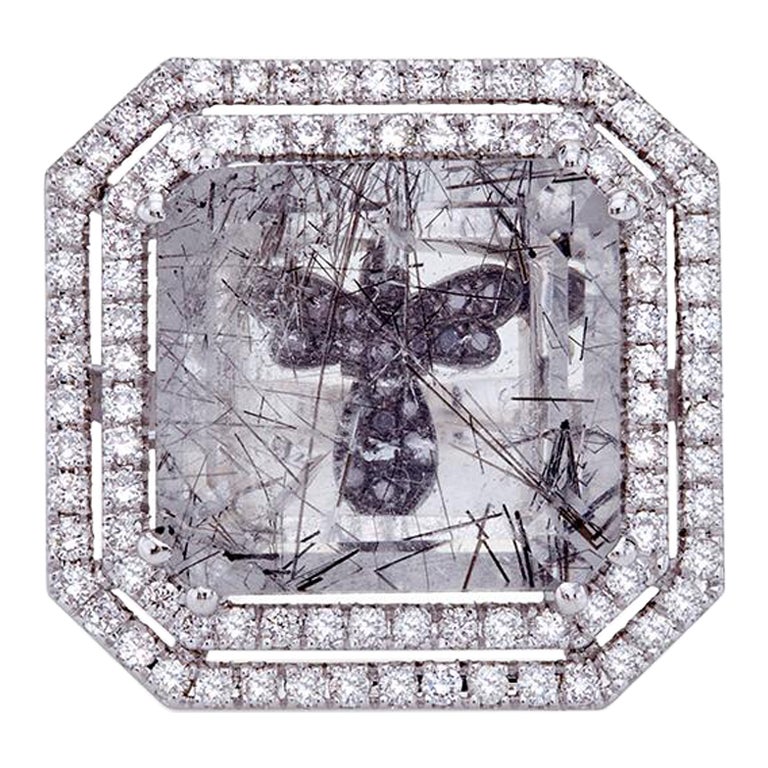 Bague en or blanc 18 carats avec quartz rutile et diamants - Ange caché - Diamants noirs